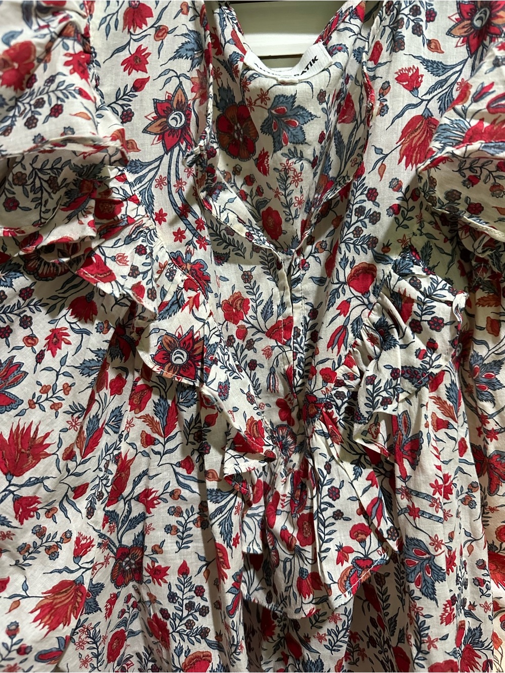 Antik Batik Cream Blouse with Red and Navy Floral Print and Ruffles